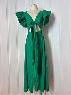 MOFA Emerald Green Cutout Ruffle Sleeve Maxi Dress - Size Medium